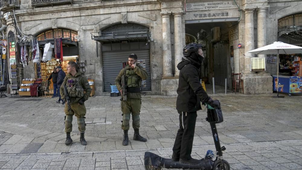 Israeli soldiers stand guard in Jerusalem&#039;s Old City, Monday, Jan. 30, 2023. On Saturday, a 13-year-old Palestinian boy shot and wounded two Israelis elsewhere in east Jerusalem. (AP Photo/Mahmoud Illean)