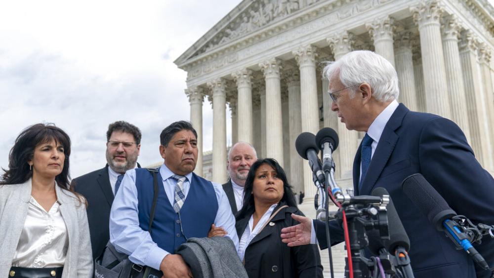 Attorney Eric Schnapper comments in a lawsuit against YouTube from the family of Nohemi Gonzalez was argued at the Supreme Court, Feb. 21, 2023. (AP Photo/Alex Brandon)