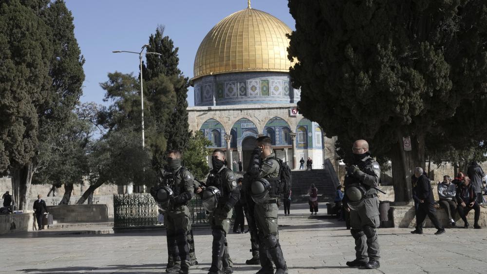 Israeli police are deployed at the Al-Aqsa Mosque compound following a raid at the site in the Old City of Jerusalem during the Muslim holy month of Ramadan, Wednesday, April 5, 2023. (AP Photo/Mahmoud Illean)