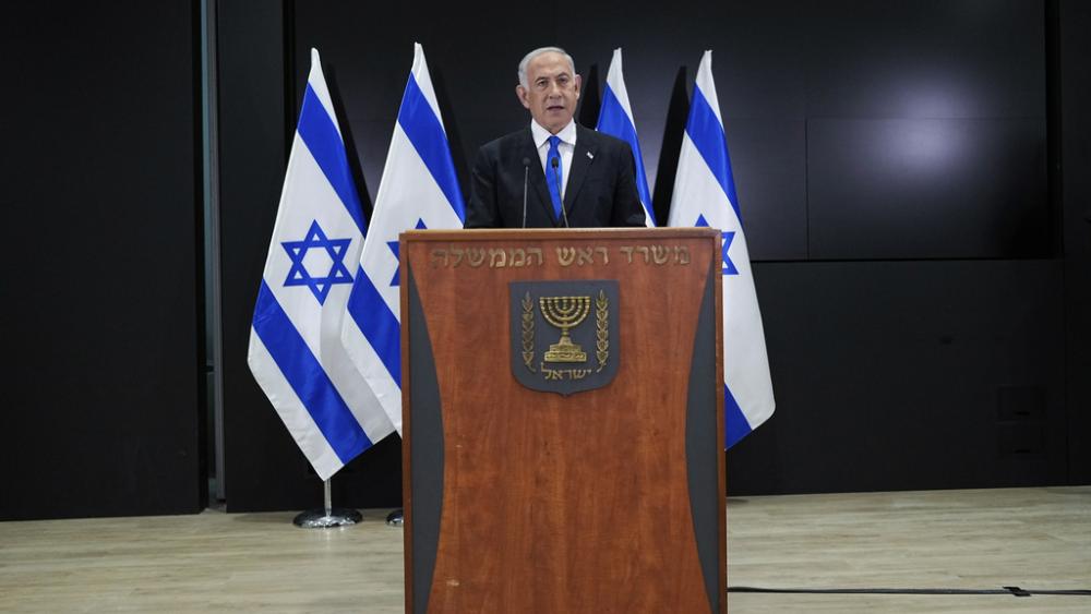 Israeli Prime Minister Benjamin Netanyahu speaks to the media during a press conference, in Tel Aviv, Israel, Monday, April 10, 2023. (AP Photo/Ohad Zwigenberg)