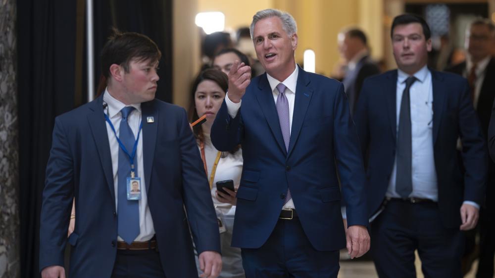 Speaker of the House Kevin McCarthy, R-Calif., walks from the chamber just after the Republican majority in the House narrowly passed a sweeping debt ceiling package, Wednesday, April 26, 2023. (AP Photo/J. Scott Applewhite)
