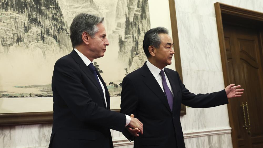 U.S. Secretary of State Antony Blinken, left, shakes hands with China&#039;s top diplomat Wang Yi, right, at the Diaoyutai State Guesthouse in Beijing, China, Monday, June 19, 2023. (Leah Millis/Pool Photo via AP)