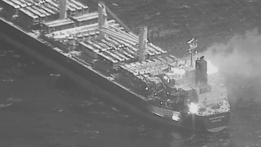 This black-and-white image released by the U.S. military&#039;s Central Command shows the fire aboard the bulk carrier True Confidence after a missile attack by Yemen&#039;s Houthi rebels in the Gulf of Aden on March 6, 2024.  (U.S. Central Command via AP)