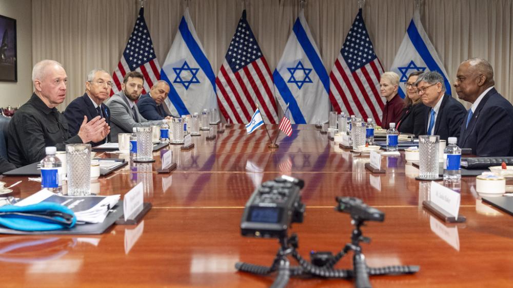 Israeli Defense Minister Yoav Gallant, second from left, meets with Defense Secretary Lloyd Austin at the Pentagon, Tuesday, March 26, 2024, in Washington. (AP Photo/Jacquelyn Martin)