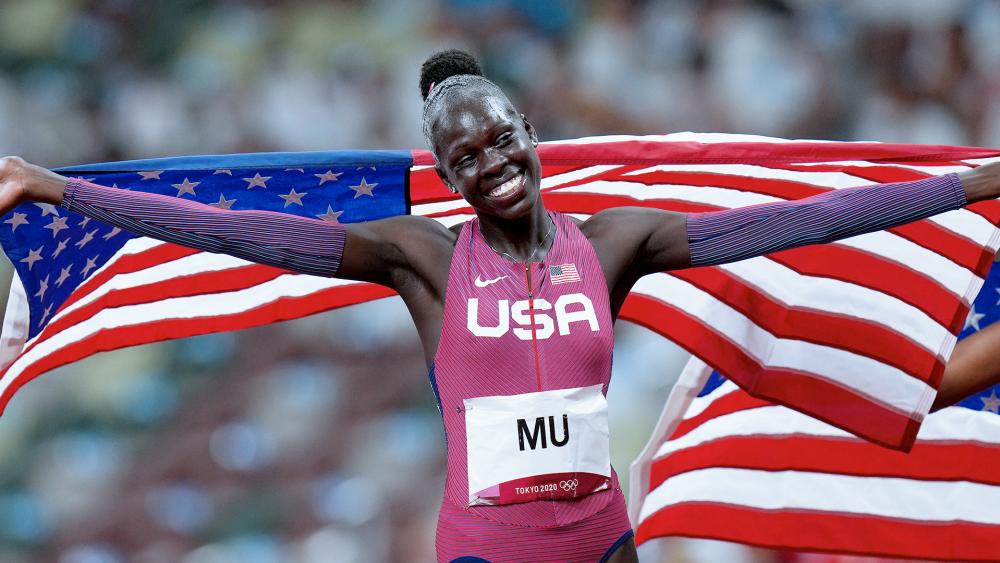 Athing Mu, of United States, reacts after winning the final of the women&#039;s 800-meters at the 2020 Summer Olympics, Aug. 3, 2021, in Tokyo. (AP Photo/Petr David Josek)