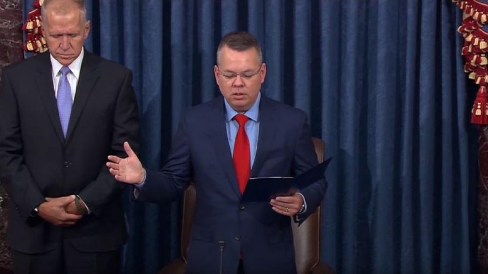 Pastor Andrew Brunson delivers the opening prayer in the chambers of the United States Senate on Oct. 15, 2019. (Screenshot credit: Sen. Tom Tillis (R-NC)/Youtube)