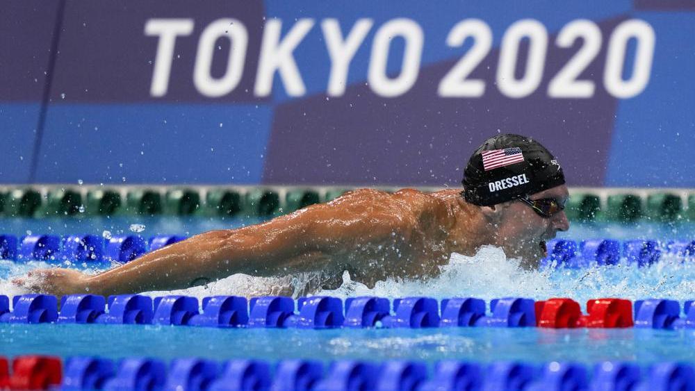 Caeleb Dressel, of United States, swims in the men&#039;s 4x100-meter medley relay final at the 2020 Summer Olympics, Sunday, Aug. 1, 2021, in Tokyo, Japan. (AP Photo/David Goldman)