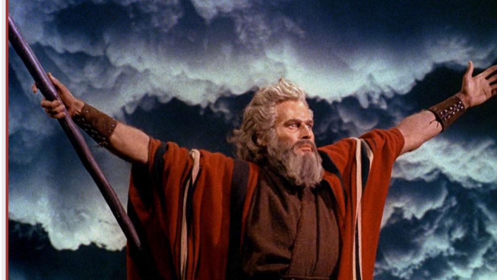 Screenshot of Charlton Heston as Moses from the trailer for Cecil B. DeMille&#039;s 1956 epic &quot;The Ten Commandments.&quot; (Image credit: Paramount/Wikipedia)