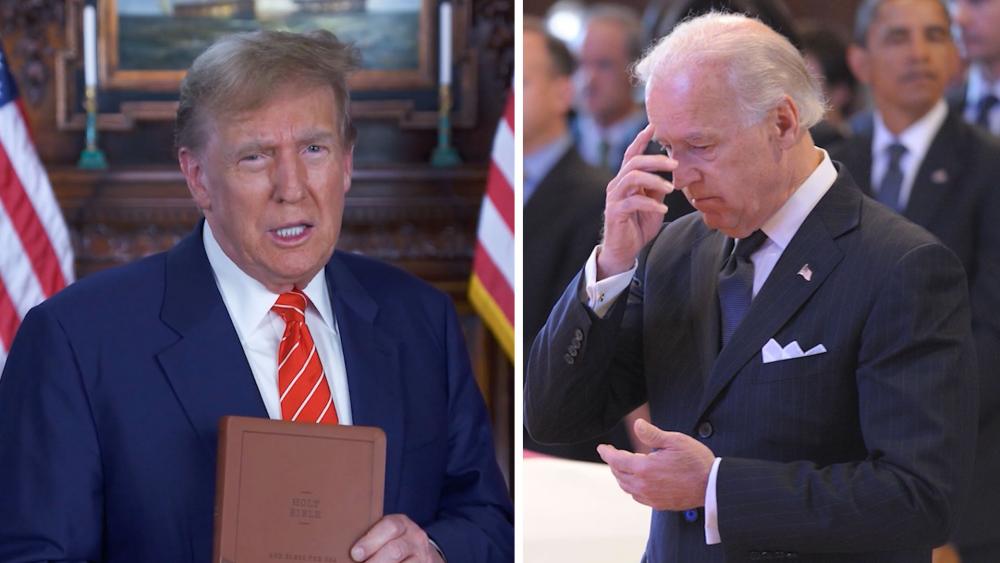 Trump pitches a patriotic Bible while Biden crosses himself at an abortion rally.