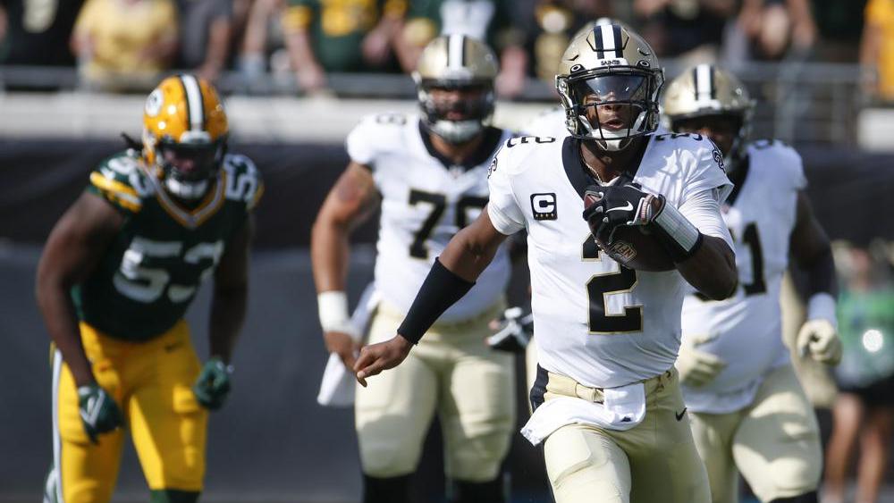 New Orleans Saints quarterback Jameis Winston (2) during the first half of an NFL football game, Sunday, Sept. 12, 2021, in Jacksonville, Fla. (AP Photo/Stephen B. Morton)