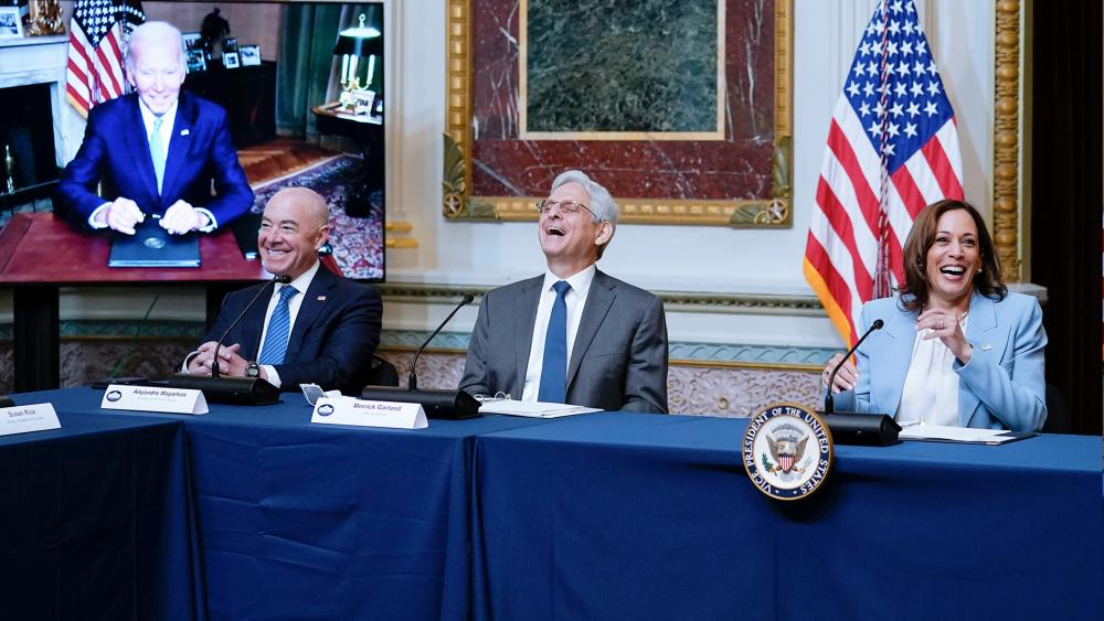 Homeland Security Secretary Alejandro Mayorkas, Attorney General Merrick Garland, and Vice President Kamala Harris laugh during the first meeting of the Task Force on Reproductive Healthcare Access (AP Photo/Susan Walsh)