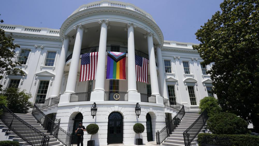 President Biden hung a pride flag on equal footing with the US flag at the White House during a Pride Month celebration on the South Lawn, June 10, 2023, in Washington. (AP Photo/Manuel Balce Ceneta)