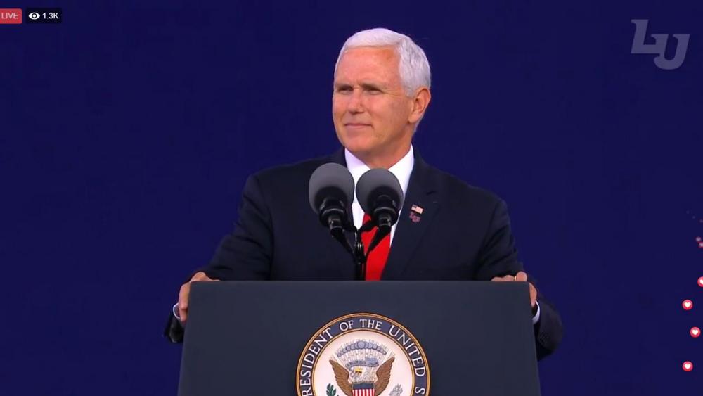 Vice President Mike Pence delivers the keynote address at Liberty University&#039;s 46th Commencement ceremony Saturday in Lynchburg, Va. (Screenshot courtesy: Liberty University/Facebook) 