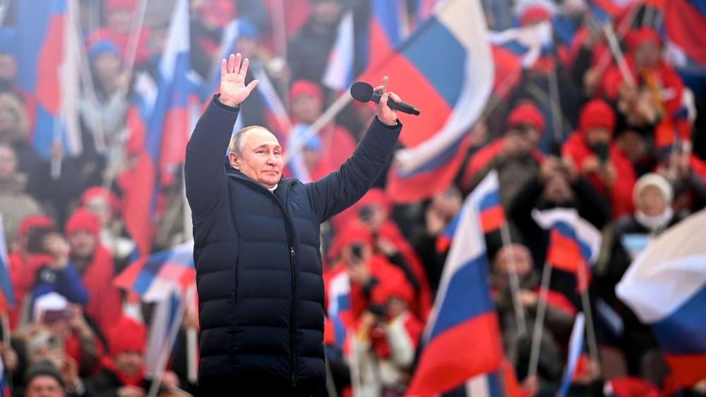Russian President Vladimir Putin speaks at a huge pro-Russia rally in Moscow, Russia, March 18, 2022. (Ramil Sitdikov/Sputnik Pool Photo via AP)