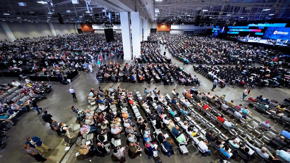 People attend the morning session of the Southern Baptist Convention annual meeting Wednesday, June 16, 2021, in Nashville, Tenn. (AP Photo/Mark Humphrey)
