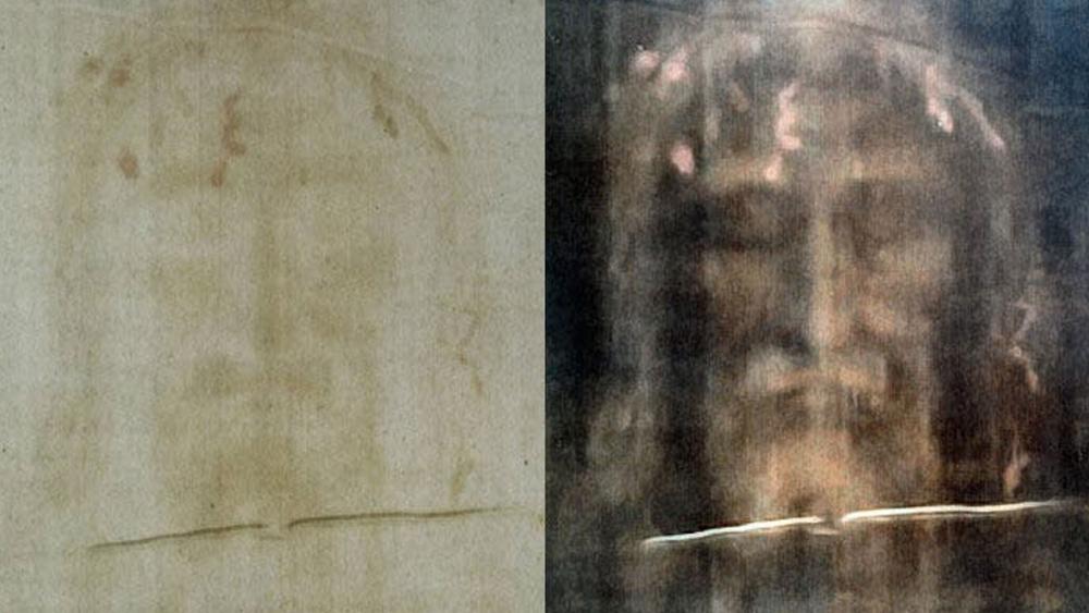 Left to right, the face of the Shroud man as seen on the cloth compared to the photographic negative (positive image) discovered by photography in 1898. (Photo Courtesy: Museum of the Bible)