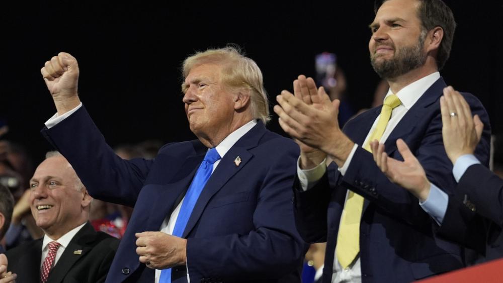 Republican presidential nominee President Donald Trump and his vice presidential pick Sen. JD Vance at the 2024 RNC, July 16, 2024, in Milwaukee. (AP Photo/Carolyn Kaster)