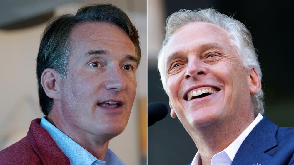Virginia candidates Republican Glenn Youngkin, left, and Democrat Terry McAuliffe, right (AP Photo/Cliff Owen)
