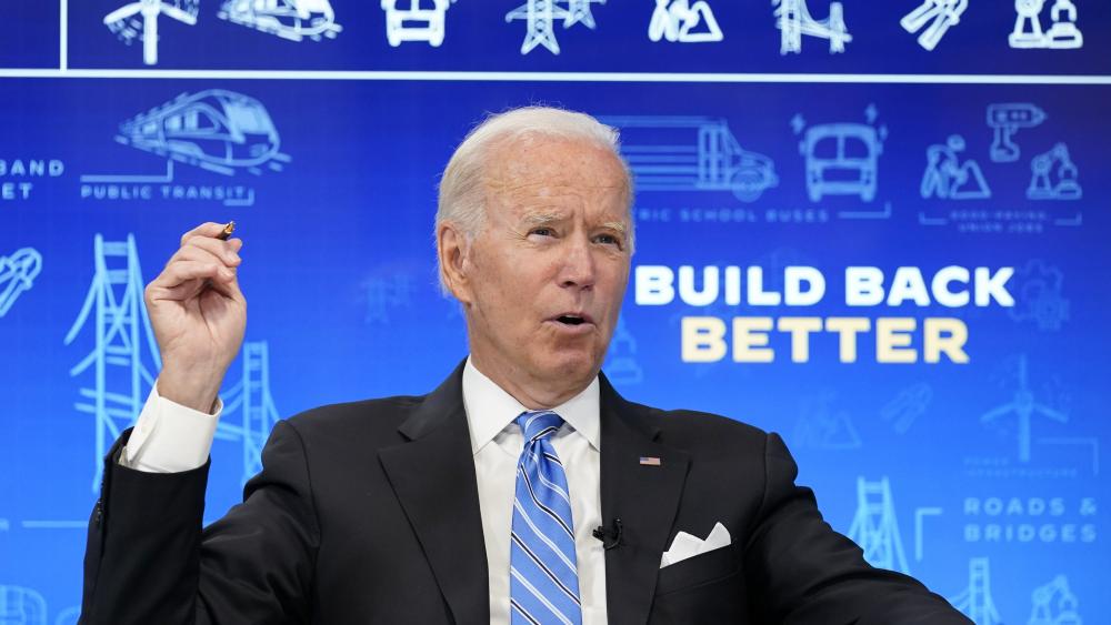 President Joe Biden speaks during a virtual meeting from the South Court Auditorium at the White House complex in Washington, Wednesday, Aug. 11, 2021, to discuss the importance of the bipartisan Infrastructure Investment and Jobs Act. (AP Photo)