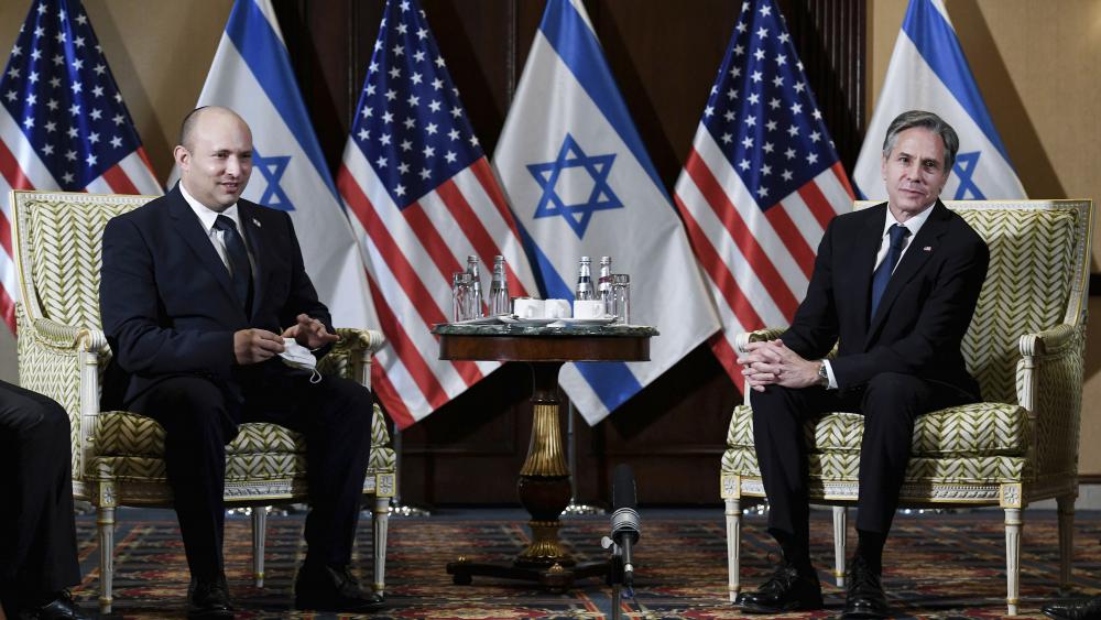 Secretary of State Antony Blinken meets with Israeli Prime Minister Naftali Bennett at the Willard Hotel in Washington, Wednesday, Aug. 25, 2021. (Olivier Douliery/Pool via AP)