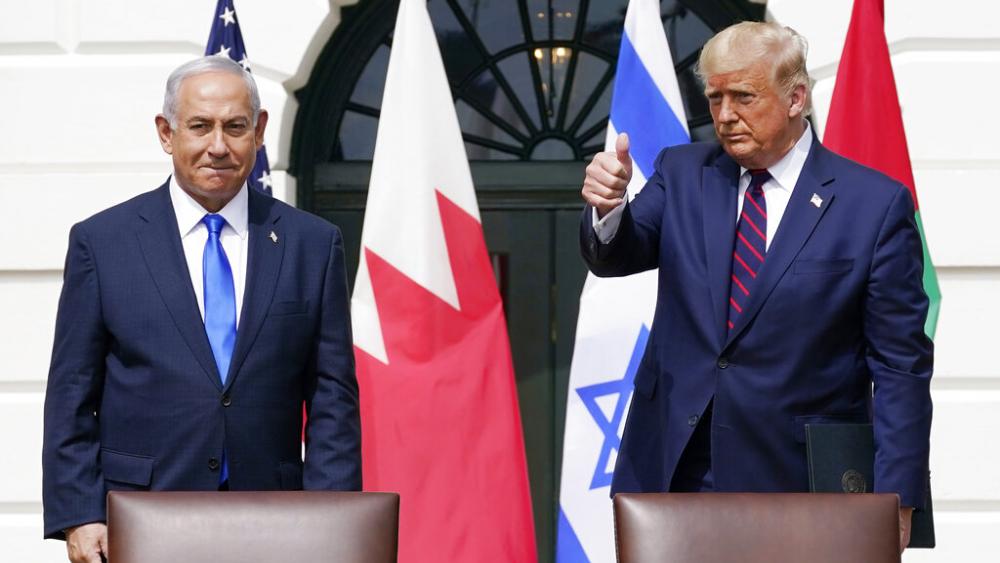 President Donald Trump and Israeli Prime Minister Benjamin Netanyahu attend the Abraham Accords signing ceremony on the South Lawn of the White House, in Washington, Sept. 15, 2020. (AP Photo/Alex Brandon, File)