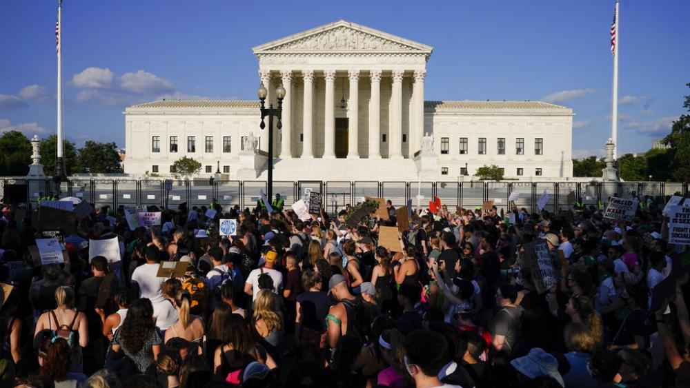  Protesters fill the street in front of the Supreme Court after the court&#039;s decision to overturn Roe v. Wade in Washington, June 24, 2022. (AP Photo)