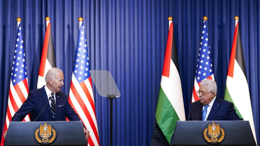 U.S. President Joe Biden speaks during a joint statement with Palestinian President Mahmoud Abbas at the West Bank town of Bethlehem, Friday, July 15, 2022. (AP Photo/Evan Vucci)