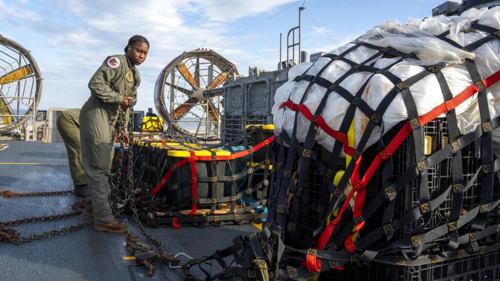 Material was recovered off the coast of Myrtle Beach, S.C., in the Atlantic Ocean from the shooting down of a Chinese high-altitude balloon (Ryan Seelbach/U.S. Navy via AP)