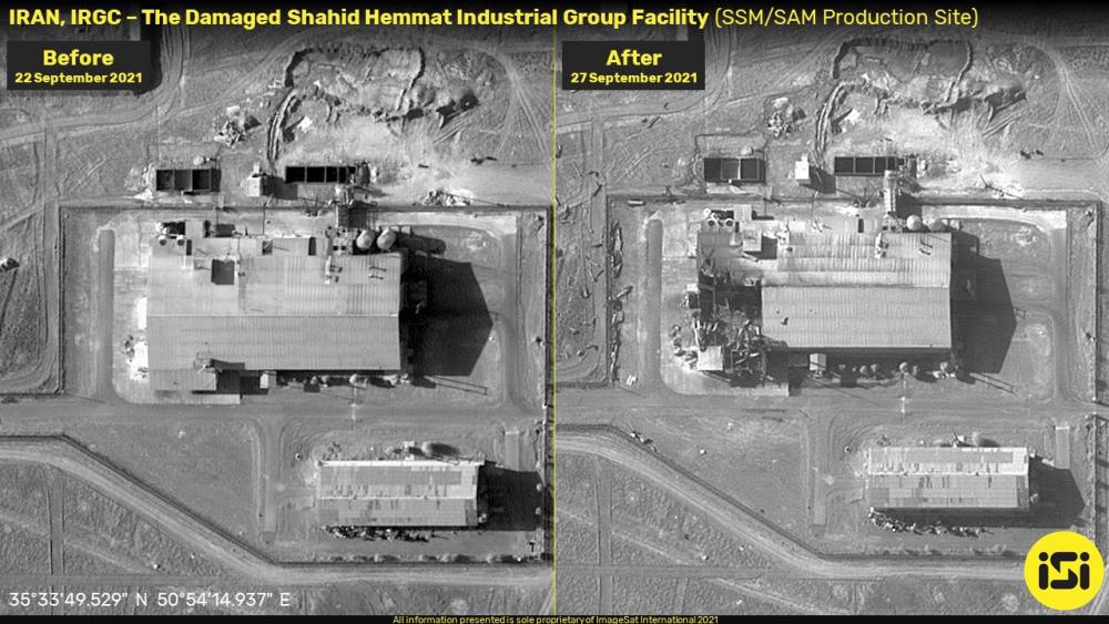 Before and after satellite images of a reported explosion at Iran's Shahid Hammat Industrial Group released by the Tel Aviv-based company ImageSat International.