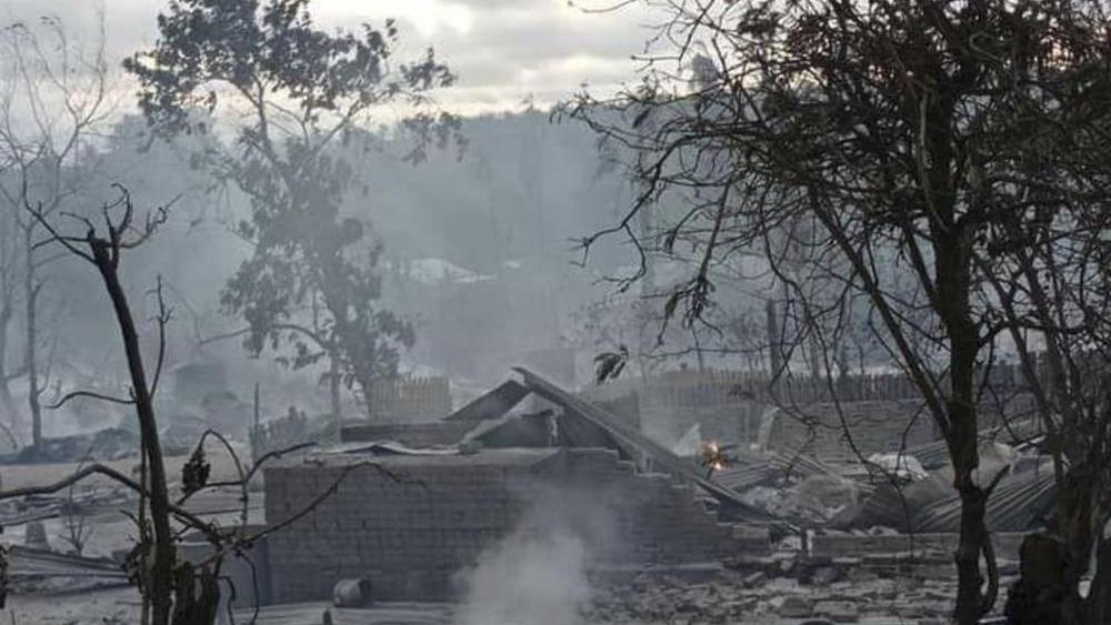Military troops burn a village in Kinma village, Pauk township, Magwe division, central Myanmar. (AP Photo)
