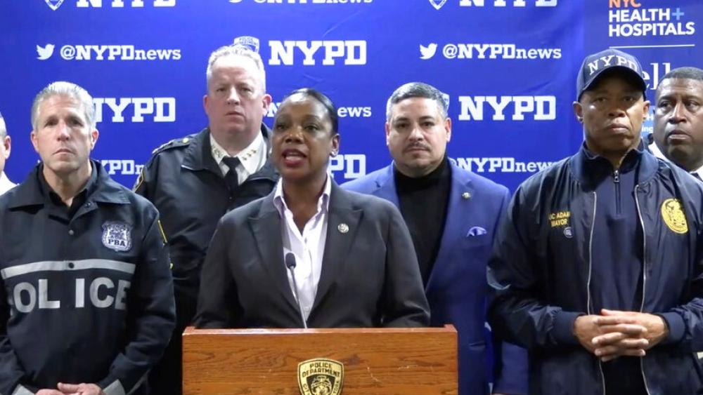 This photo provided by NYPD, New York City Police Commissioner Keechant Sewell address the media during a news conference on Dec. 31, 2022. (NYPD via AP)