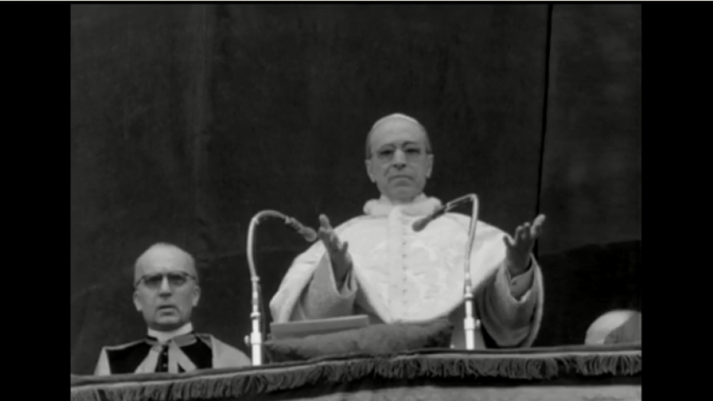 Pope Pius XII on balcony at St Peter's Basilica in April 1955 (AP video screenshot)