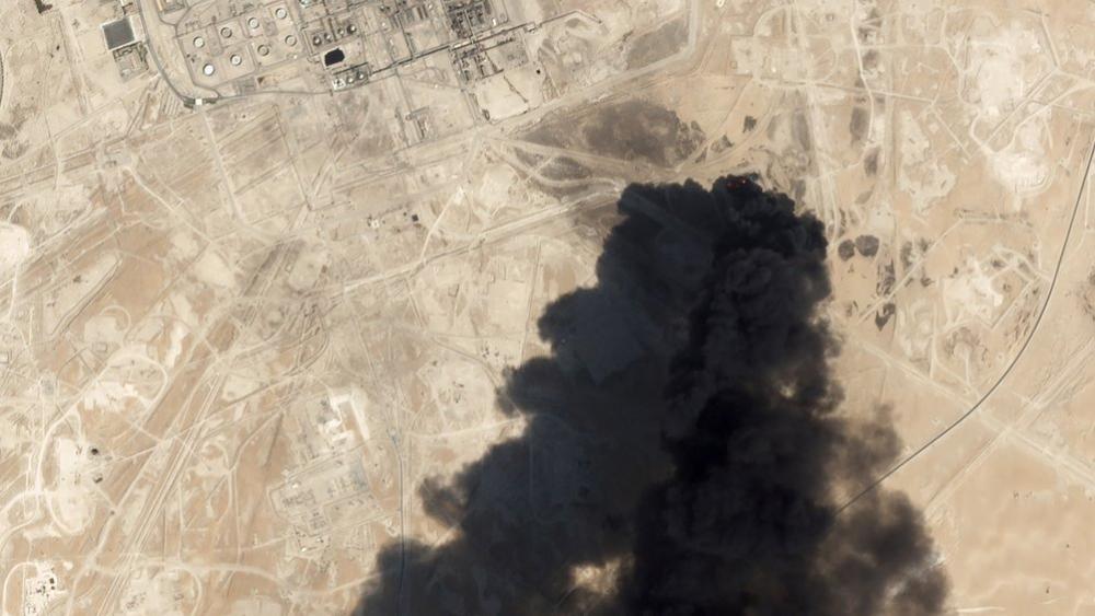 Satellite image from Planet Labs Inc. shows thick black smoke rising from Saudi Aramco&#039;s Abqaiq oil processing facility in Buqyaq, Saudi Arabia (Planet Labs Inc via AP)