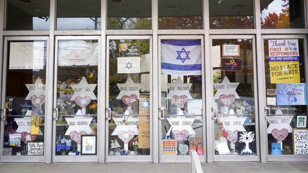 A memorial inside the dormant landmark Tree of Life synagogue in Pittsburgh&#039;s Squirrel Hill neighborhood on Oct. 26, 2022, four years after 11 people were killed in America&#039;s deadliest antisemitic attack on Oct. 27, 2018. (AP Photo/Gene J. Puskar) 