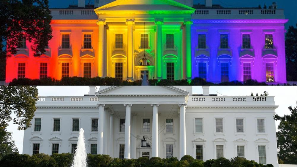 white house lit up in gay pride colors