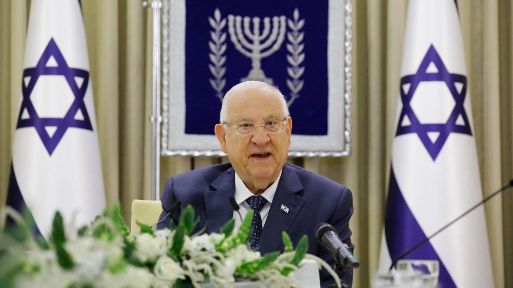 Israeli President Reuven Rivlin speaks during consultations with party representatives on who might form the next coalition government, at the President's residence in Jerusalem, Monday, April 5, 2021. (Amir Cohen/Pool Photo via AP)