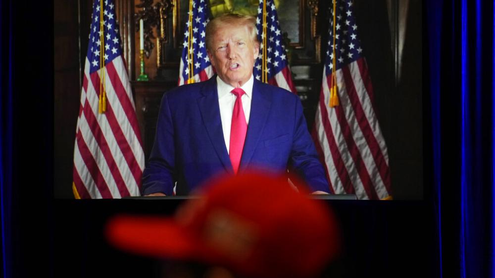 Former President Donald Trump speaks remotely to an annual leadership meeting of the Republican Jewish Coalition Saturday, Nov. 19, 2022, in Las Vegas. (AP Photo/John Locher)